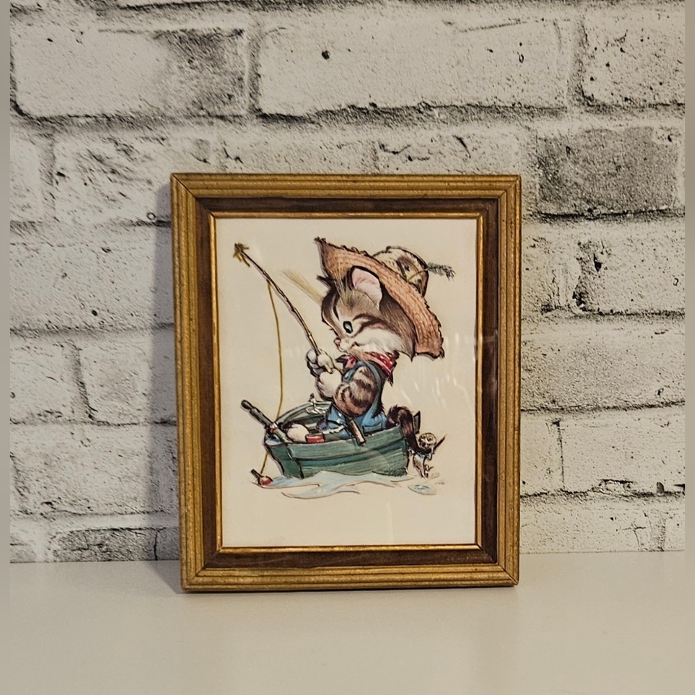 Vintage Framed Cat Fishing Print Whimsical Nursery Cottage Decor